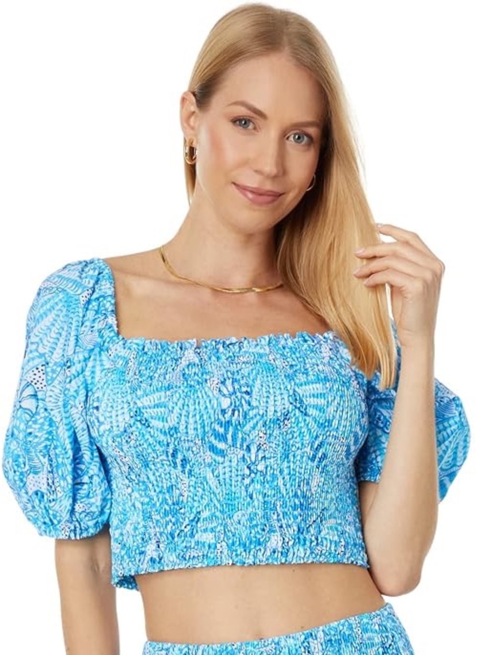 Lilly Pulitzer Aston smocked crop top size medium blue seashore print stretchy
